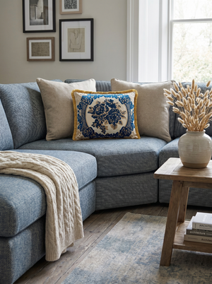Cobalt Rose: Acanthus Scroll Lumbar Pillow – Baroque Damask – Embroidered Cover