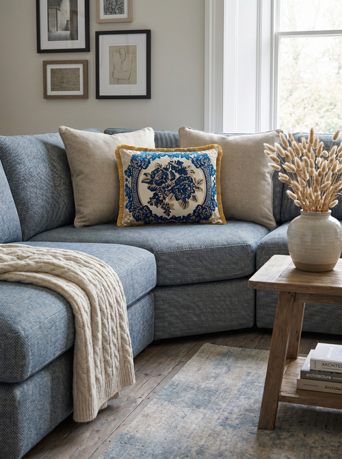 Cobalt Rose: Acanthus Scroll Lumbar Pillow – Baroque Damask – Embroidered Cover
