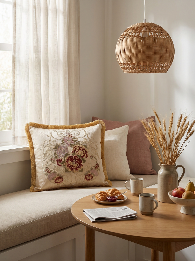 Cream Cottage Rose: Fleur-de-Lis Damask Cushion – Lumbar – Cord Piping