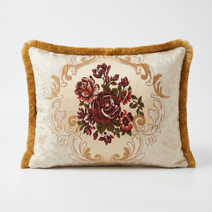 Country Rose: Victorian Lumbar Pillow Cover – Damask Embroidered – Cord Trim
