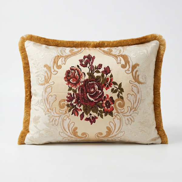 Country Rose: Victorian Lumbar Pillow Cover – Damask Embroidered – Cord Trim