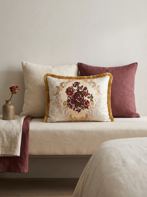 Country Rose: Victorian Lumbar Pillow Cover – Damask Embroidered – Cord Trim