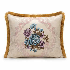 Country Rose: Victorian Lumbar Pillow Cover – Damask Embroidered – Cord Trim