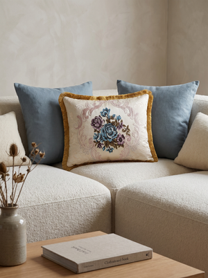 Country Rose: Victorian Lumbar Pillow Cover – Damask Embroidered – Cord Trim
