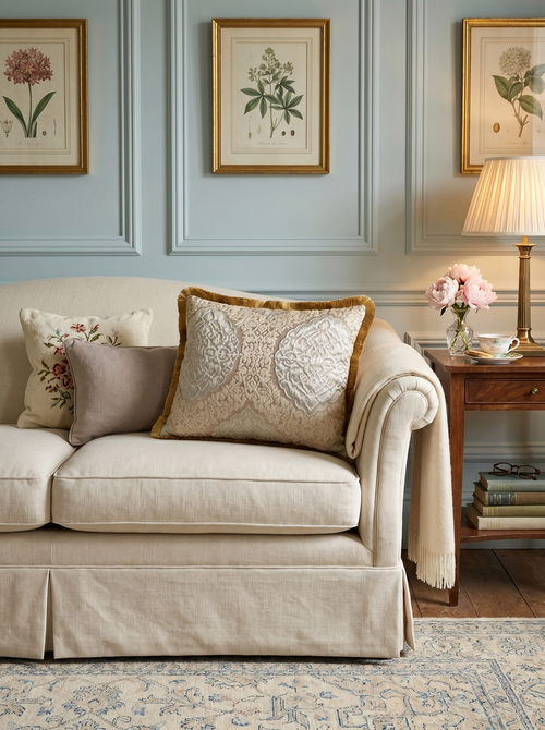 Cream Cipher: Rococo Embroidered Pillow Cover – Lumbar – Corded Edge