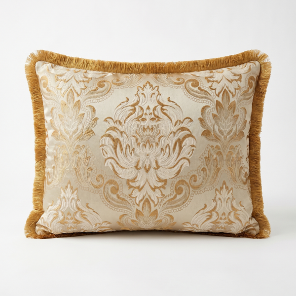 Cream Damask: Regency Damask Lumbar Cushion – Jacquard – Rope Trim