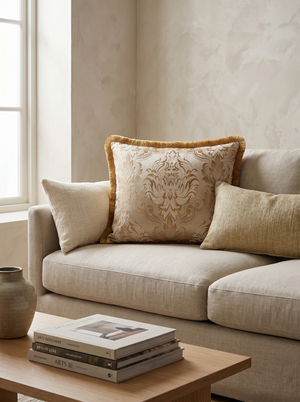 Cream Damask: Regency Damask Lumbar Cushion – Jacquard – Rope Trim