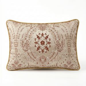 Cream Medallion: Regency Damask Lumbar Cushion – Jacquard – Rope Trim