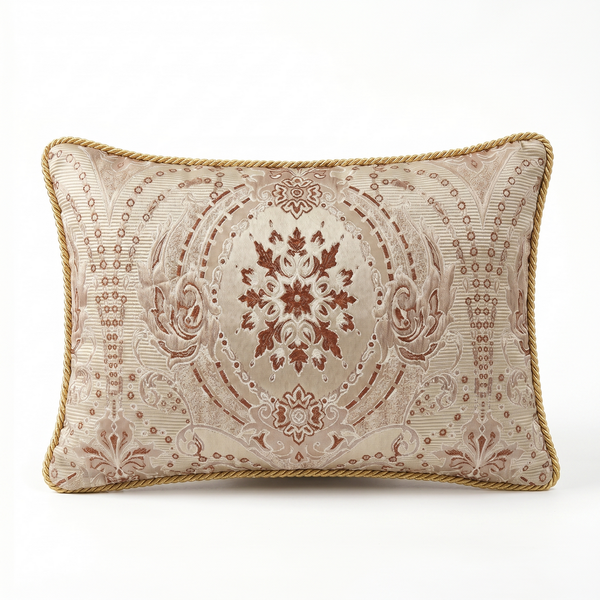 Cream Medallion: Regency Damask Lumbar Cushion – Jacquard – Rope Trim