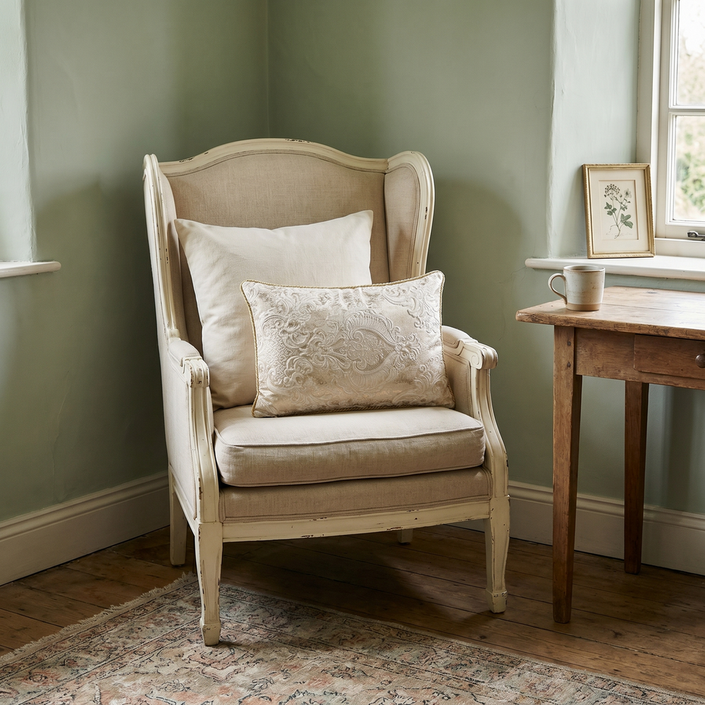 Cream Whisper: Neoclassical Damask Cushion – Lumbar Cover – Cord Piping