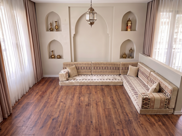 Beige Baghdad Ethnic: Arabic Floor Seating – Floor Sofa With Backrest – Moroccan Style Couch – Modular Sofa Cushions