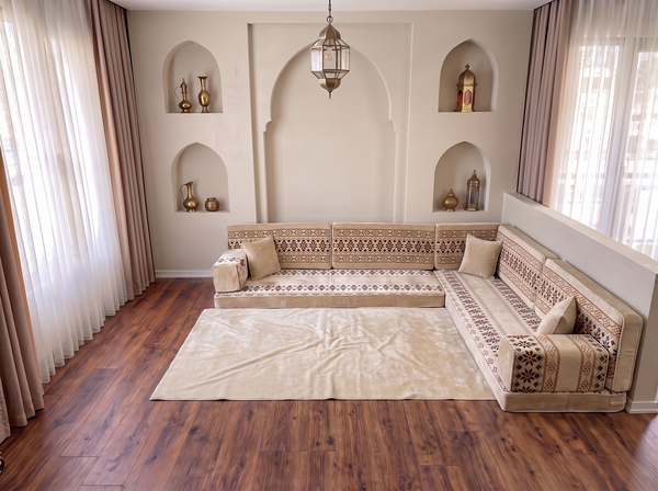 Beige Baghdad Ethnic: Arabic Floor Seating – Floor Sofa With Backrest – Moroccan Style Couch – Modular Sofa Cushions
