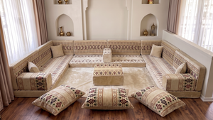 Beige Baghdad Ethnic: Arabic Floor Seating – Floor Sofa With Backrest – Moroccan Style Couch – Modular Sofa Cushions