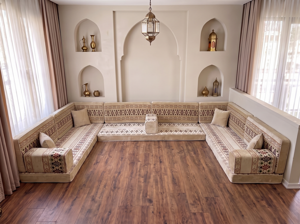 Beige Baghdad Ethnic: Arabic Floor Seating – Floor Sofa With Backrest – Moroccan Style Couch – Modular Sofa Cushions