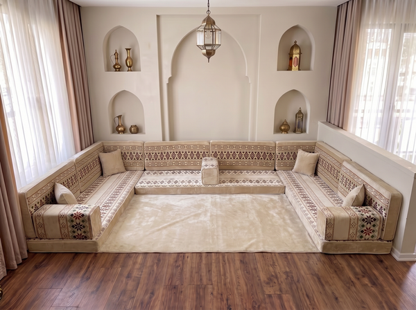 Beige Baghdad Ethnic: Arabic Floor Seating – Floor Sofa With Backrest – Moroccan Style Couch – Modular Sofa Cushions