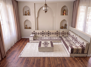 Ensemble de canapé en forme de L d'une épaisseur de 4'', canapé d'angle arabe au sol, canapé turc bleu marine en forme de L, coussins orientaux de sol, Majlis arabe, canapé traditionnel de salon, ensemble Jalsa arabe