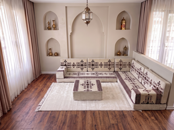 Ensemble de canapé en forme de L d'une épaisseur de 4'', canapé d'angle arabe au sol, canapé turc bleu marine en forme de L, coussins orientaux de sol, Majlis arabe, canapé traditionnel de salon, ensemble Jalsa arabe
