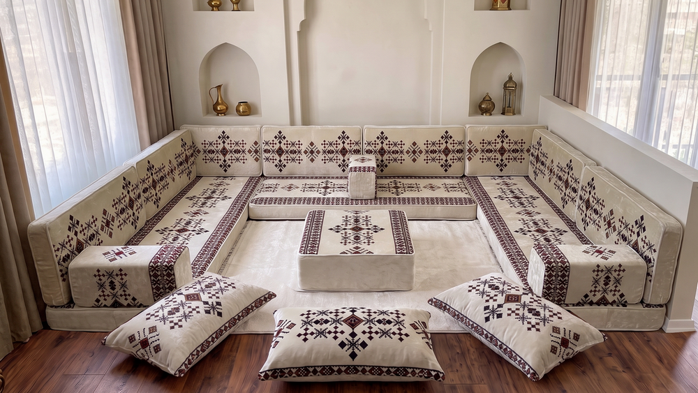 Beige Baghdad Motif: Boho Floor Seating – Arabic Majlis Set – Ottoman Floor Cushion – Washable Arabic Floor Cushion