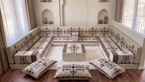 Beige Baghdad Motif: Boho Floor Seating – Arabic Majlis Set – Ottoman Floor Cushion – Washable Arabic Floor Cushion