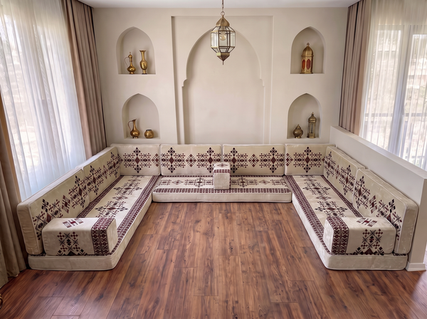 Beige Baghdad Motif: Boho Floor Seating – Arabic Majlis Set – Ottoman Floor Cushion – Washable Arabic Floor Cushion