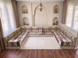 Beige Baghdad Motif: Boho Floor Seating – Arabic Majlis Set – Ottoman Floor Cushion – Washable Arabic Floor Cushion