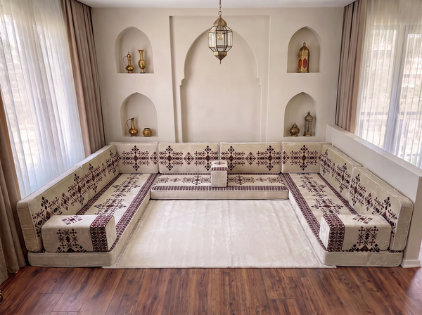 Beige Baghdad Motif: Boho Floor Seating – Arabic Majlis Set – Ottoman Floor Cushion – Washable Arabic Floor Cushion
