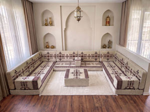 Beige Baghdad Motif: Boho Floor Seating – Arabic Majlis Set – Ottoman Floor Cushion – Washable Arabic Floor Cushion