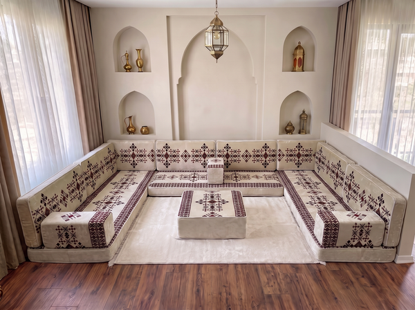 Beige Baghdad Motif: Boho Floor Seating – Arabic Majlis Set – Ottoman Floor Cushion – Washable Arabic Floor Cushion