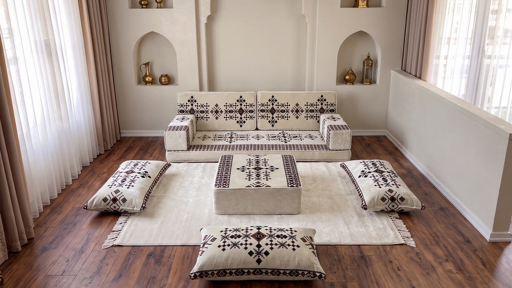 Beige Baghdad Motif: Arabic Floor Cushions – Ethnic Floor Couch – Oriental Sofa – Authentic Arabic Majlis