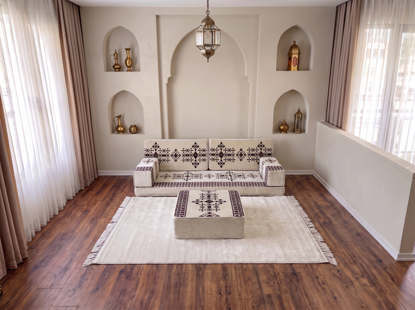 Canapé arabe bleu marine avec canapé ottoman et tapis, siège coussin de sol, ensemble Jalsa arabe, canapé modulaire, siège de canapé arabe, canapé marocain