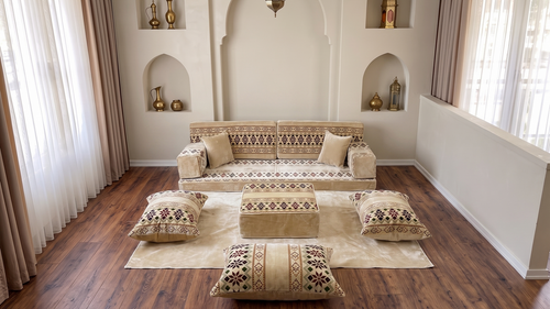 Beige Baghdad Ethnic: Single Floor Sofa – Arabic Floor Seating – Traditional Arabic Majlis – Floor Sofa With Backrest Pillows