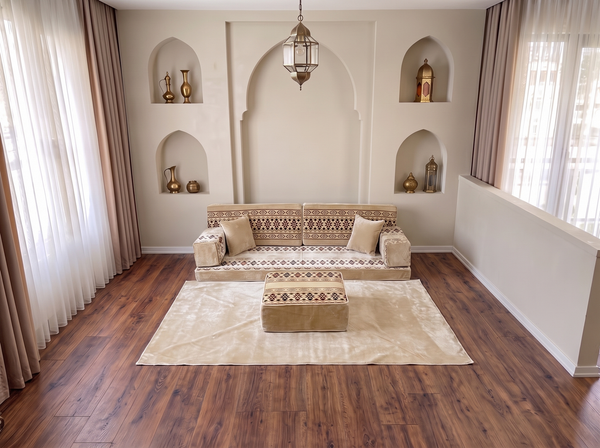Beige Baghdad Ethnic: Arabic Floor Seating – Floor Sofa With Backrest – Moroccan Style Couch – Modular Sofa Cushions