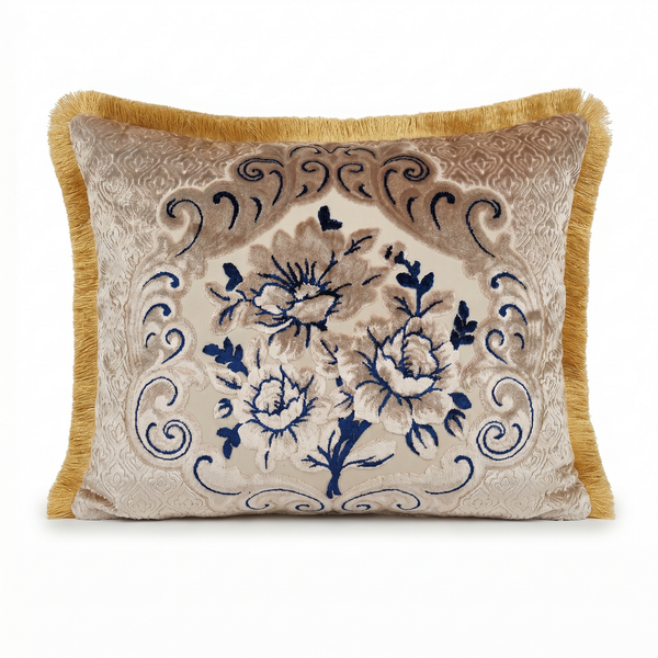 Blue White Delft Bloom: Neoclassical Damask Cushion – Lumbar Cover – Cord Piping