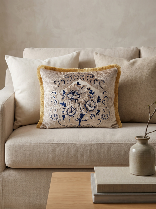 Blue White Delft Bloom: Neoclassical Damask Cushion – Lumbar Cover – Cord Piping