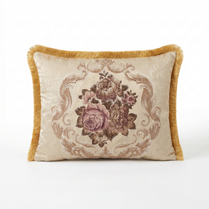 Cream Faded Rose: Empire Style Lumbar Pillow – Damask Jacquard – Trim