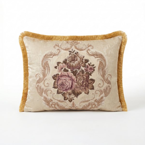 Cream Faded Rose: Empire Style Lumbar Pillow – Damask Jacquard – Trim