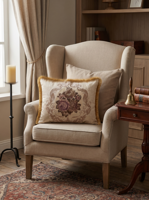 Cream Faded Rose: Empire Style Lumbar Pillow – Damask Jacquard – Trim