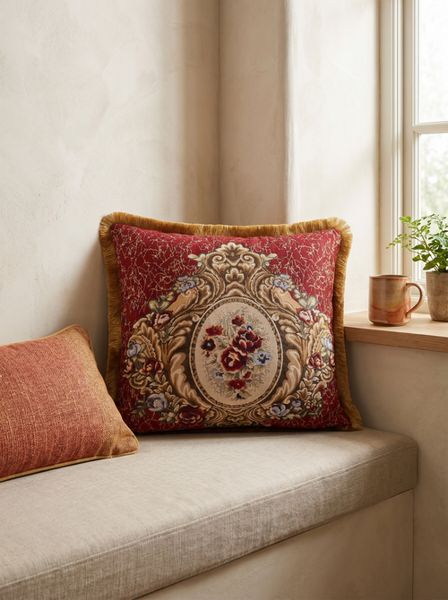 Garnet Cameo: Old Money Damask Cushion Cover – Baroque Lumbar – Cord Trim