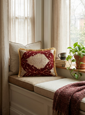 Burgundy Garnet Mirror: Bridgerton Aesthetic Pillow Cover – Damask Lumbar – Jacquard
