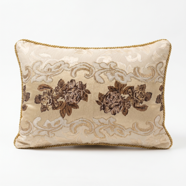 Cream Burgundy Garnet Trail: Old Money Damask Cushion Cover – Baroque Lumbar – Cord Trim