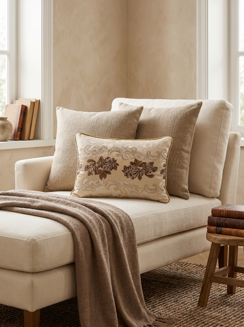 Cream Burgundy Garnet Trail: Old Money Damask Cushion Cover – Baroque Lumbar – Cord Trim