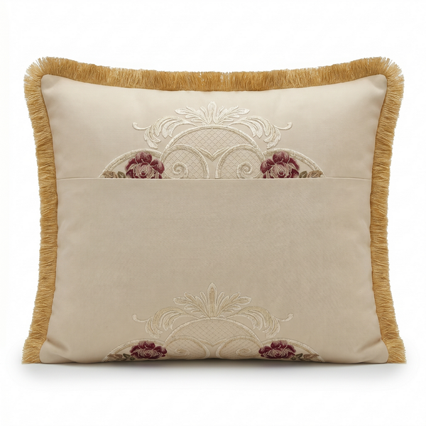 Cream Ghost Damask: Coquette Damask Lumbar Cushion – Embroidered – Rope Piping