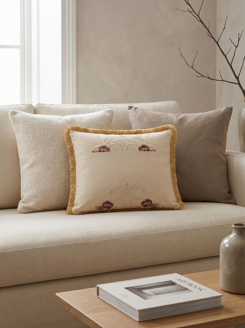 Cream Ghost Damask: Coquette Damask Lumbar Cushion – Embroidered – Rope Piping