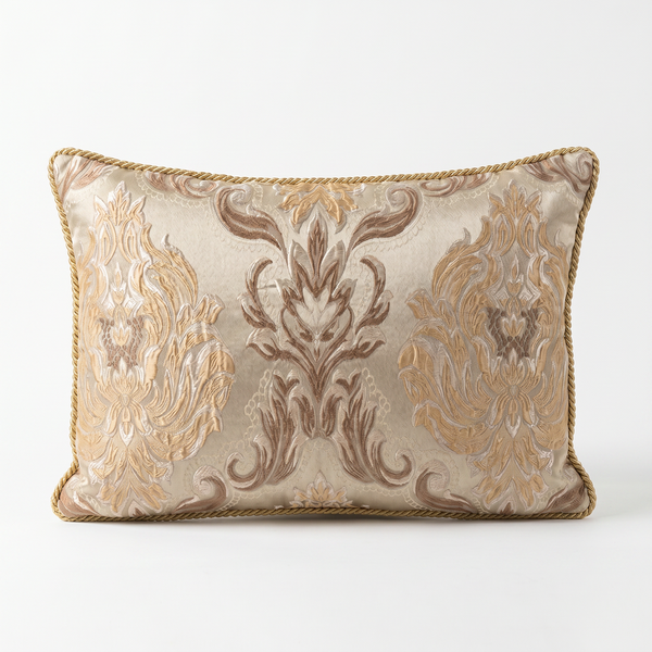 Champagne Gilded Story: Coquette Damask Lumbar Cushion – Embroidered – Rope Piping