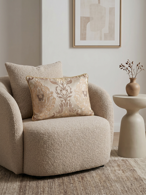 Champagne Gilded Story: Coquette Damask Lumbar Cushion – Embroidered – Rope Piping