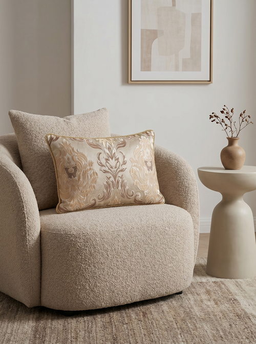 Champagne Gilded Story: Coquette Damask Lumbar Cushion – Embroidered – Rope Piping