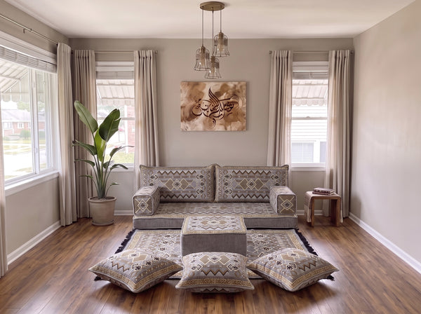 Marineblaues arabisches Sofa mit Ottomane und Teppich, Bodensitzkissen, Arabisches Jalsa-Set, Ecksofa, Arabische Sofagarnitur, Marokkanisches Sofa