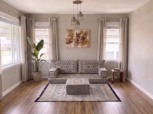 Marineblaues arabisches Sofa mit Ottomane und Teppich, Bodensitzkissen, Arabisches Jalsa-Set, Ecksofa, Arabische Sofagarnitur, Marokkanisches Sofa