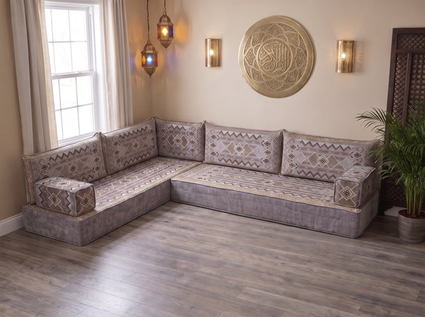 Gray Ornate Illusion: Arabic Jalsa Seating – L Shaped Floor Sofa Set – Kilim Floor Sofa – Moroccan Floor Couch – Majlis Seating