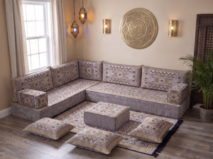 Gray Ornate Illusion: Arabic Jalsa Seating – L Shaped Floor Sofa Set – Kilim Floor Sofa – Moroccan Floor Couch – Majlis Seating